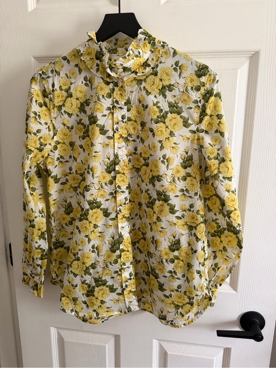 J. Crew Tops - J. Crew Yellow Rose Print Ruffle Collar Cotton Blouse